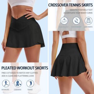 Ganado Pleated Tennis Skirts for Women with Pockets Crossover Waisted Golf Athletic Skirt Flowy Skort Running Workout Casual-2(#1-Black,Medium)