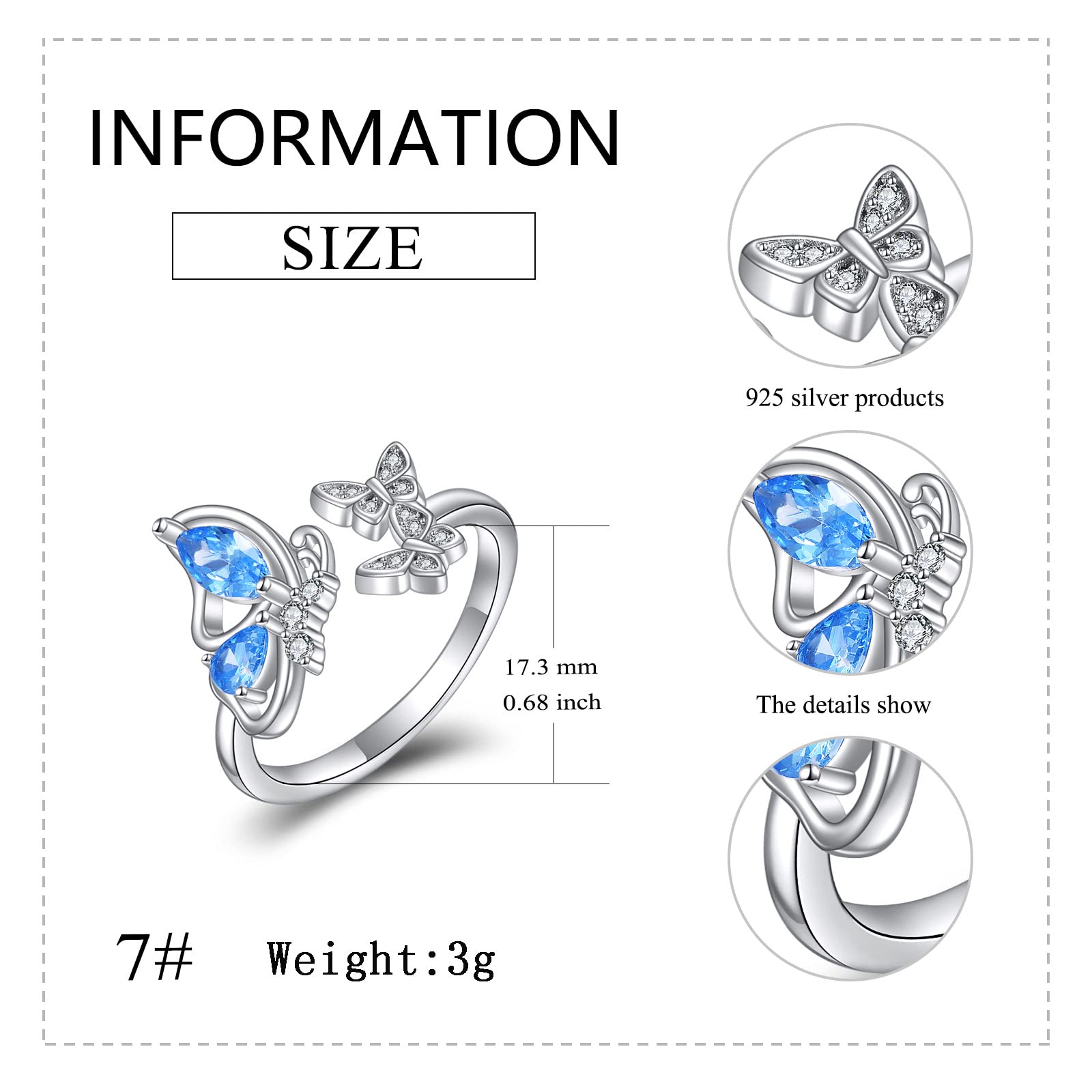 VONALA Butterfly Ring 925 Sterling Silver Blue Butterfly Open Ring Stackable Adjustable Ring Butterfly Jewelry Gift for Women