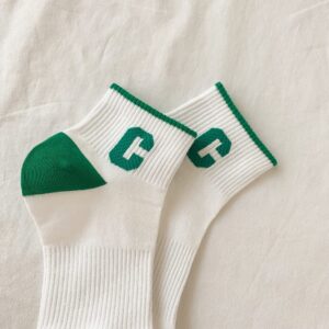 Xhonp 5 Pairs Cute Big C Letter Crew Socks Checkerboard Socks Striped Socks for Women Socks (Short-Length Green)