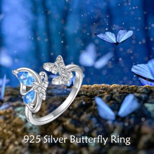 VONALA Butterfly Ring 925 Sterling Silver Blue Butterfly Open Ring Stackable Adjustable Ring Butterfly Jewelry Gift for Women