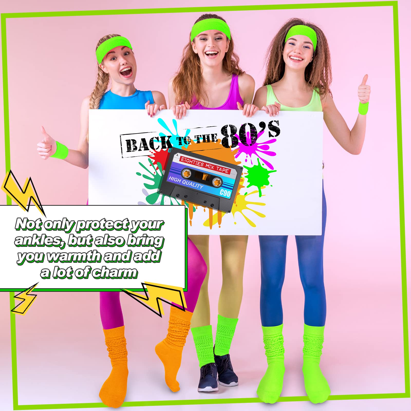 Tarpop 80s Neon Women Slouch Socks 90s Headbands Wristbands Fanny Pack Leg Warmers Sweatbands Waist Bag Women Party Costume(Green)