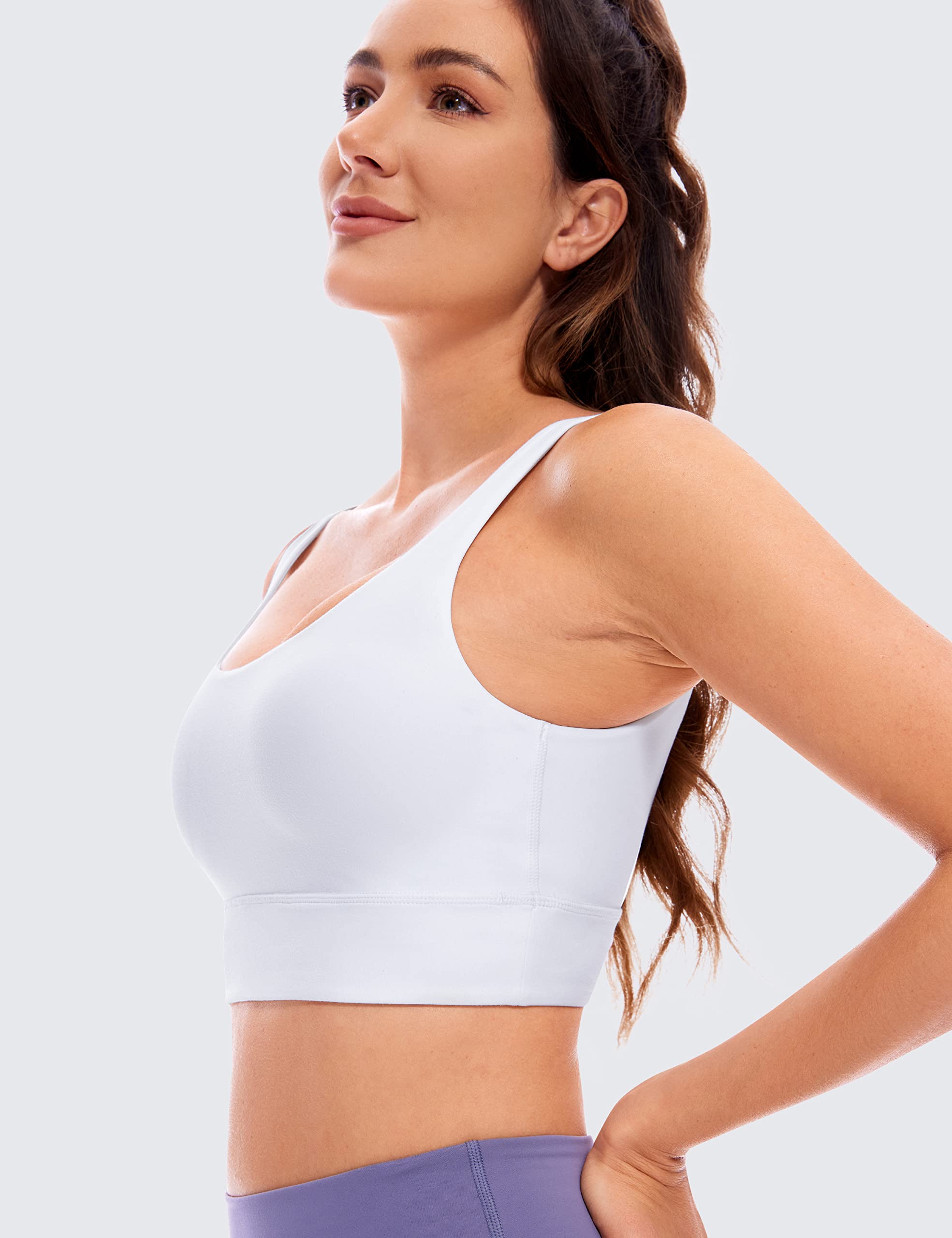 CRZ YOGA Butterluxe Womens U Back Sports Bra - Scoop Neck Padded Low Impact Yoga Bra Workout Crop Top with Built in Bra White Medium