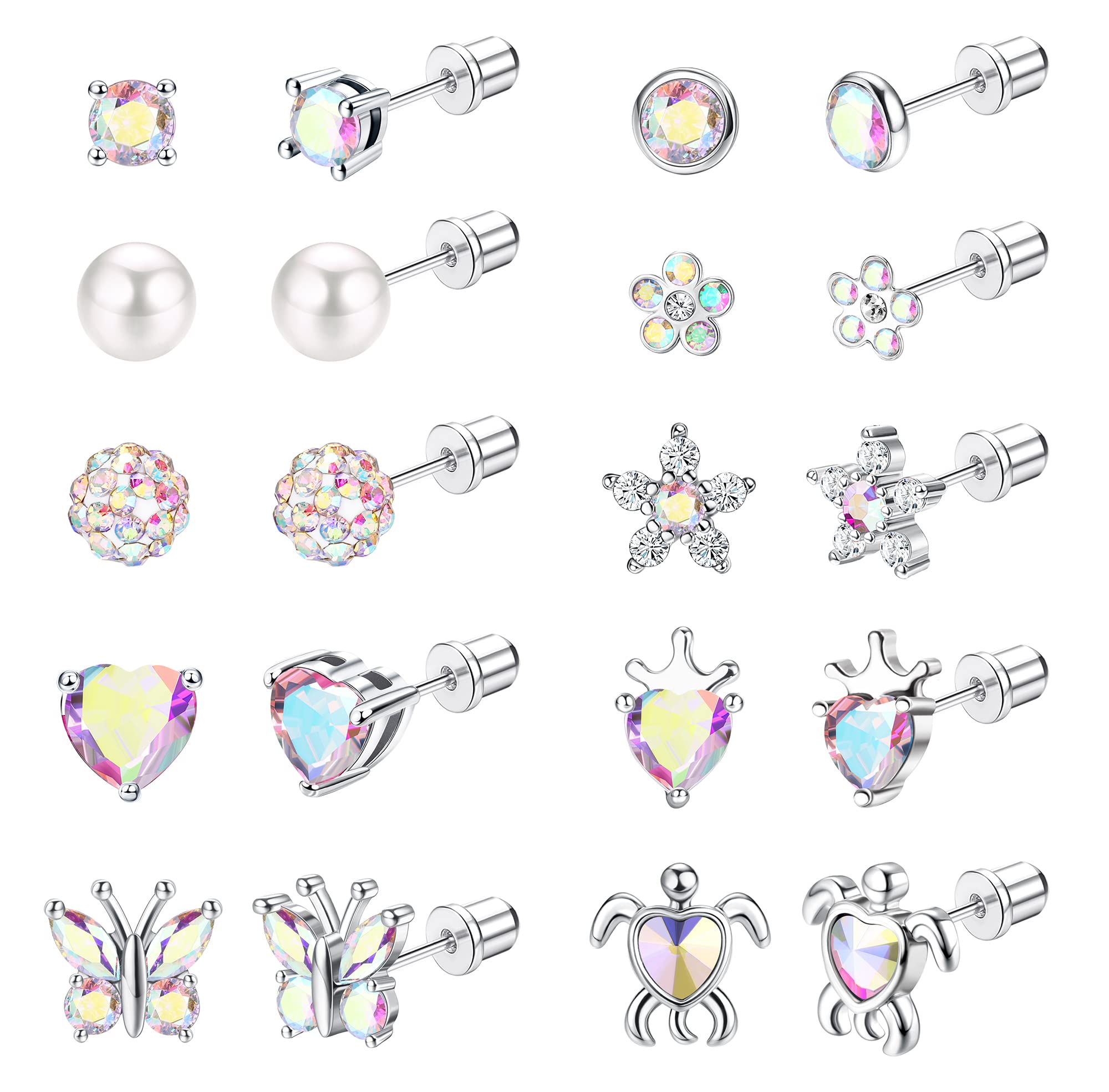 JOERICA 10 Pairs Screw Back Earrings for Women Surgical Steel Hypoallergenic Earrings Stud CZ Heart Flower Pearl Butterfly Turtle Screw on Earrings Pink CZ