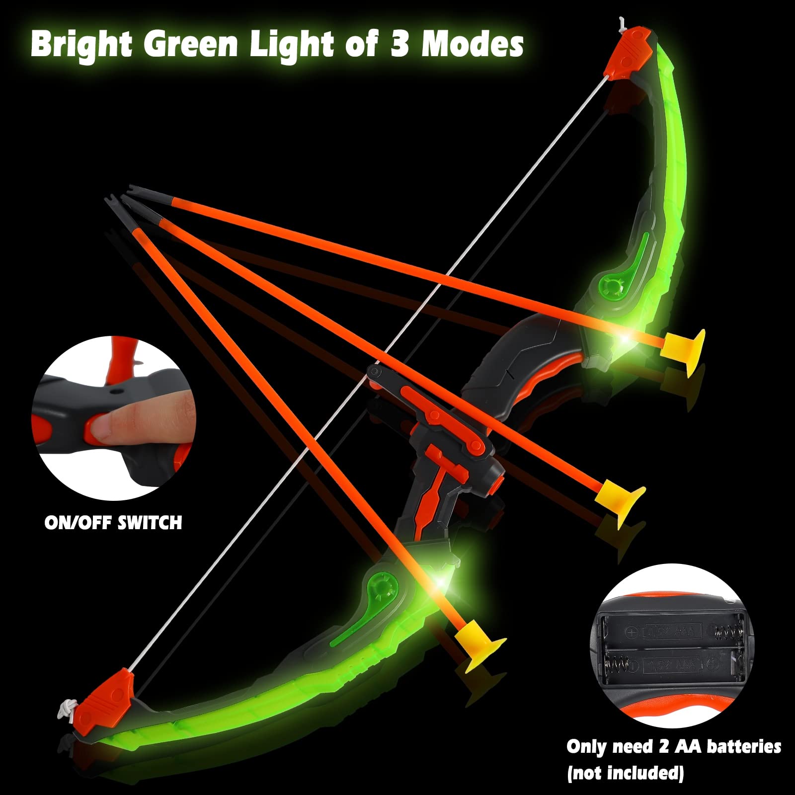 MorTime 2 Pack Bow and Arrow Set with LED Flash Lights, Practice Outdoor Toys for Kids ，Green Light Up Archery Toy Set -includes 6 Suction Cup Arrows