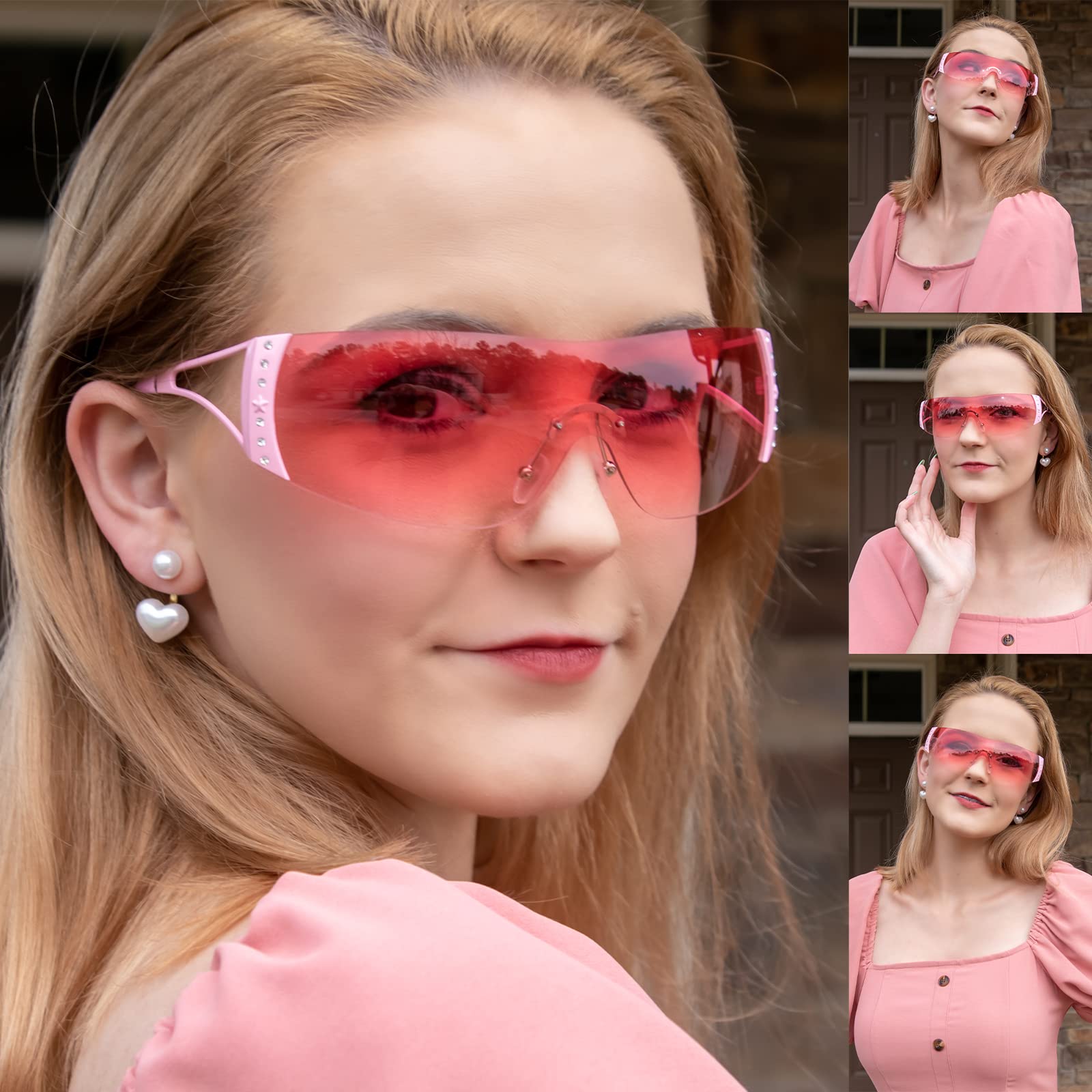 DQbhzh Y2K Glasses 2000s Sunglasses Cool Glasses Rimless Y2K Sunglasses for Women Men Trendy Shield Wrap Around Sunglasses (Pink Frame - Pink Lens)