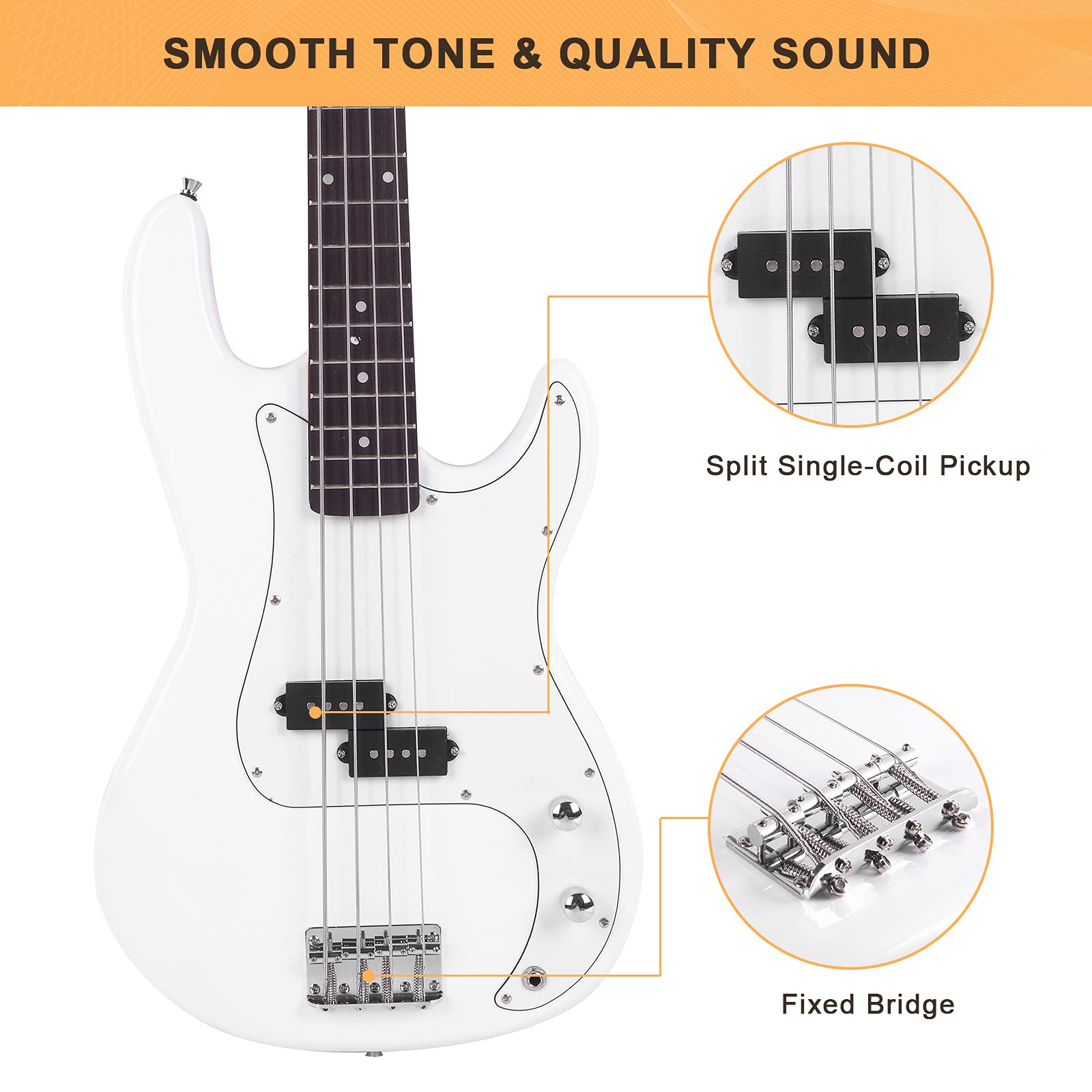 GLARRY Full Size Electric Bass Guitar with 20W AMP, 4 String Beginner Starter Kit with Accessories including Cable, Strap, Bag for Kids and Adults (White)