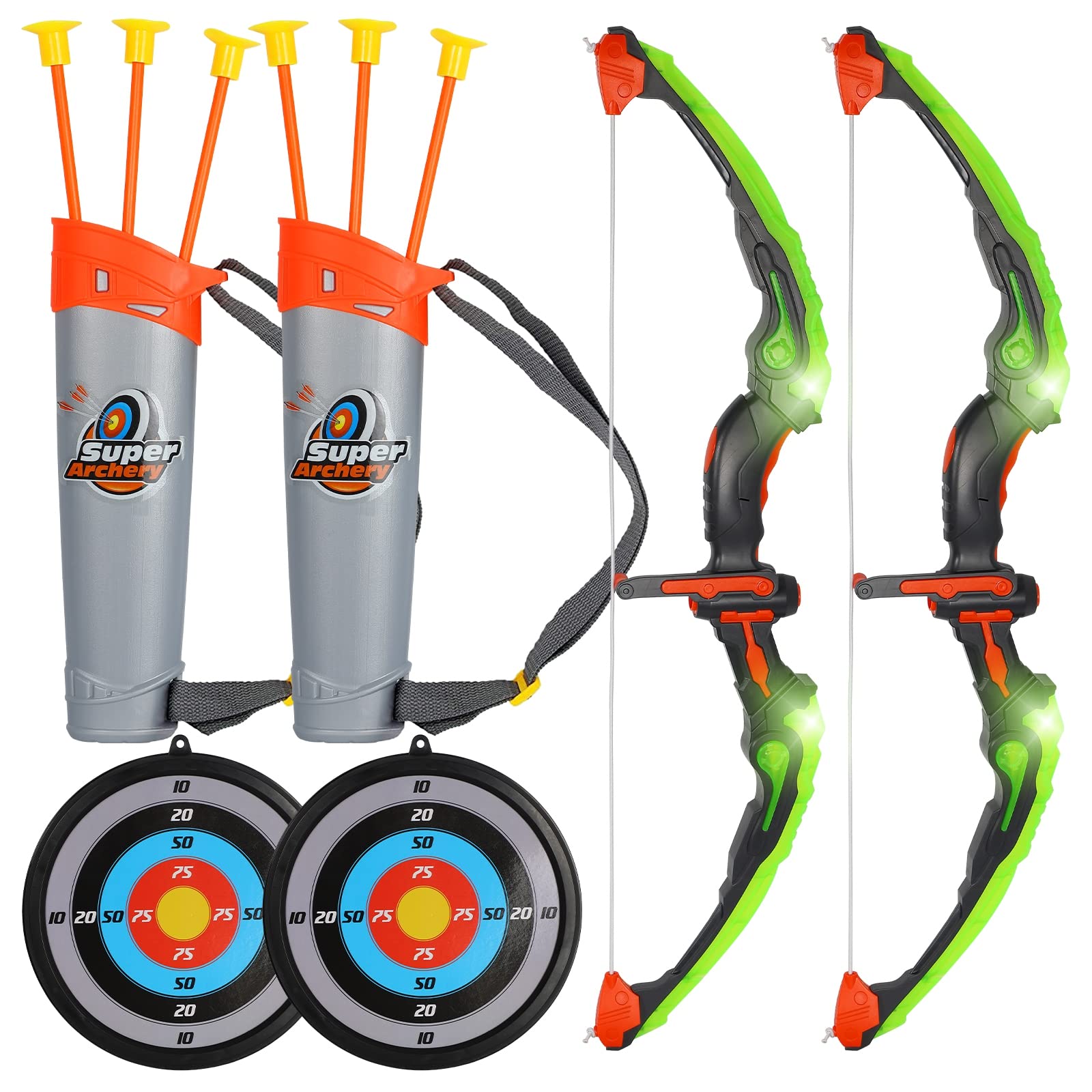 MorTime 2 Pack Bow and Arrow Set with LED Flash Lights, Practice Outdoor Toys for Kids ，Green Light Up Archery Toy Set -includes 6 Suction Cup Arrows