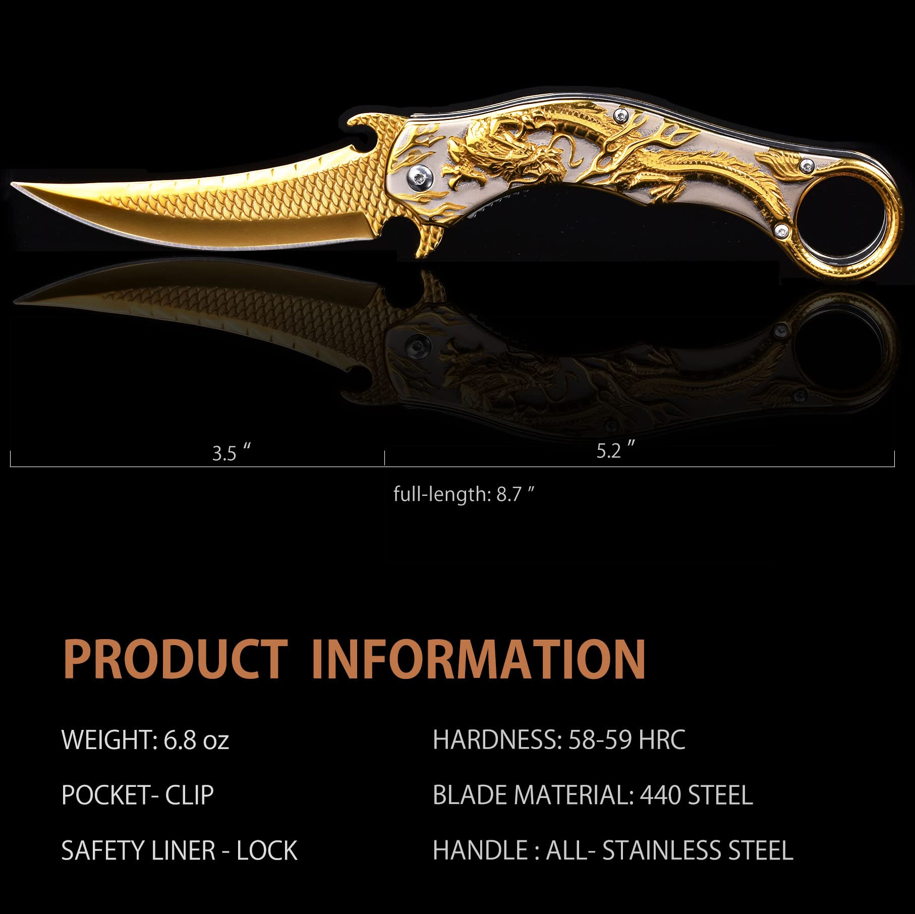 Pocket Knife for Men, Cool Folding Knife With 3D Golden & Blue Dragon Relief, Great Gift Edc Knife For Men Outdoor Survival Camping Hiking Hunting