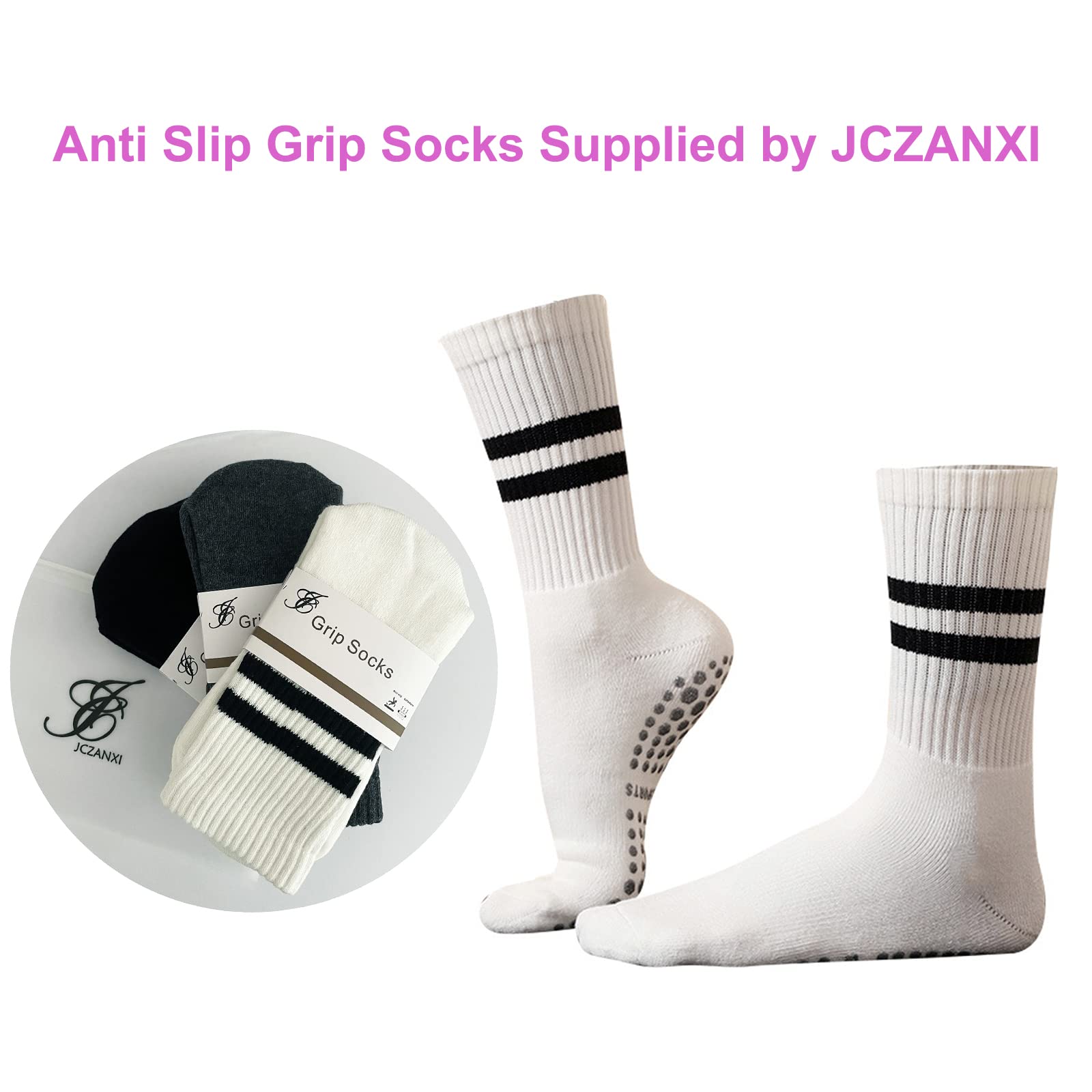 JCZANXI Yoga Socks with Grips for Women, Non Slip Grip Socks for Yoga, Pilates, Barre, Dance | Ideal Cushioned Crew Socks (Strip Black)