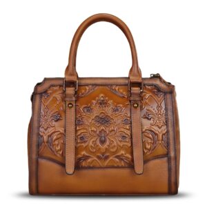 Genuine Leather Satchel for Women Embossed Leather Top Handle Bags Handmade Purse Vintage Crossbody Handbags Hobo Bag (Brown)