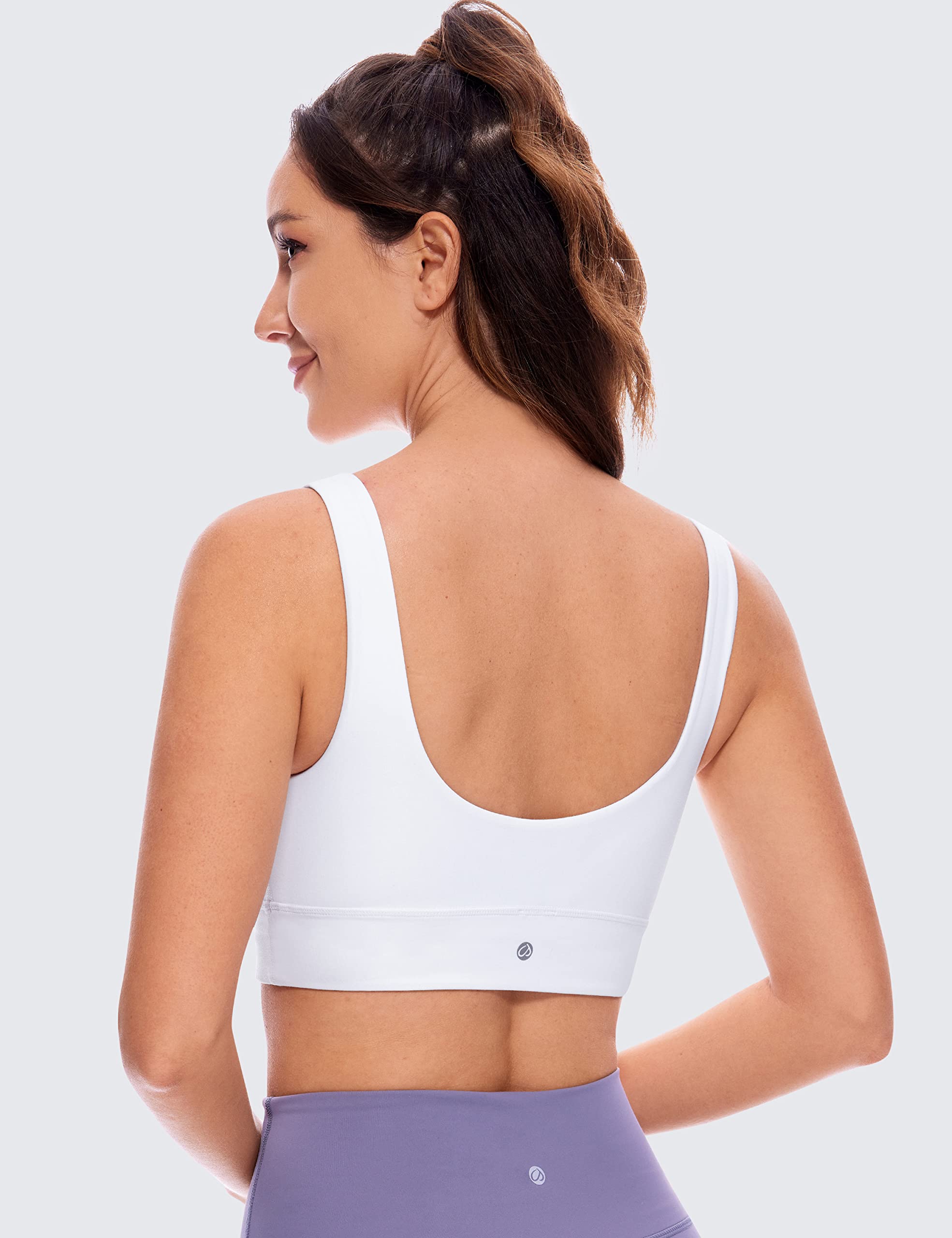 CRZ YOGA Butterluxe Womens U Back Sports Bra - Scoop Neck Padded Low Impact Yoga Bra Workout Crop Top with Built in Bra White Medium