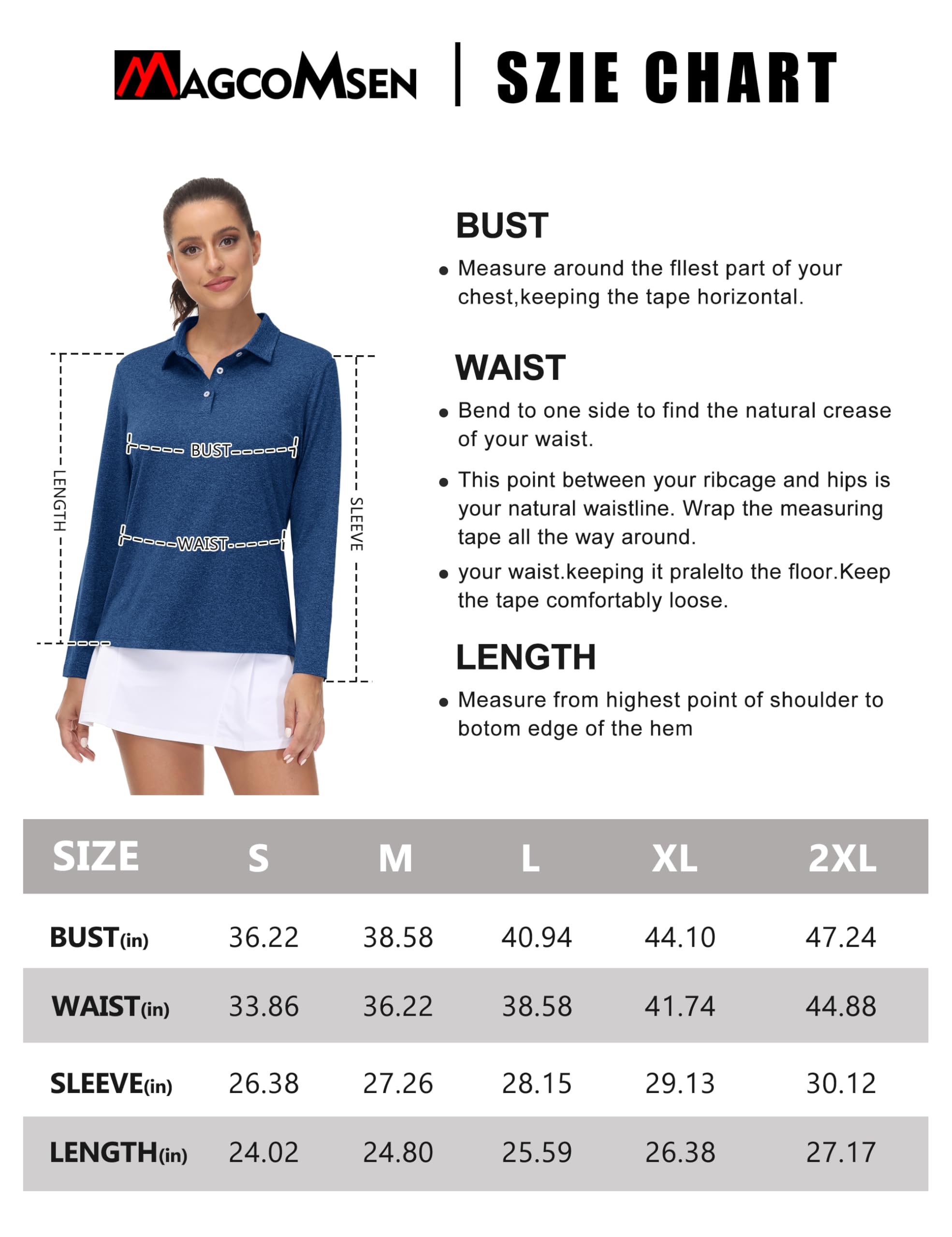 MAGCOMSEN Moisture Wicking Shirt for Women Fishing Tennis T-Shirt Long Sleeve Top Uv Protection Polo Shirt, D Blue, L