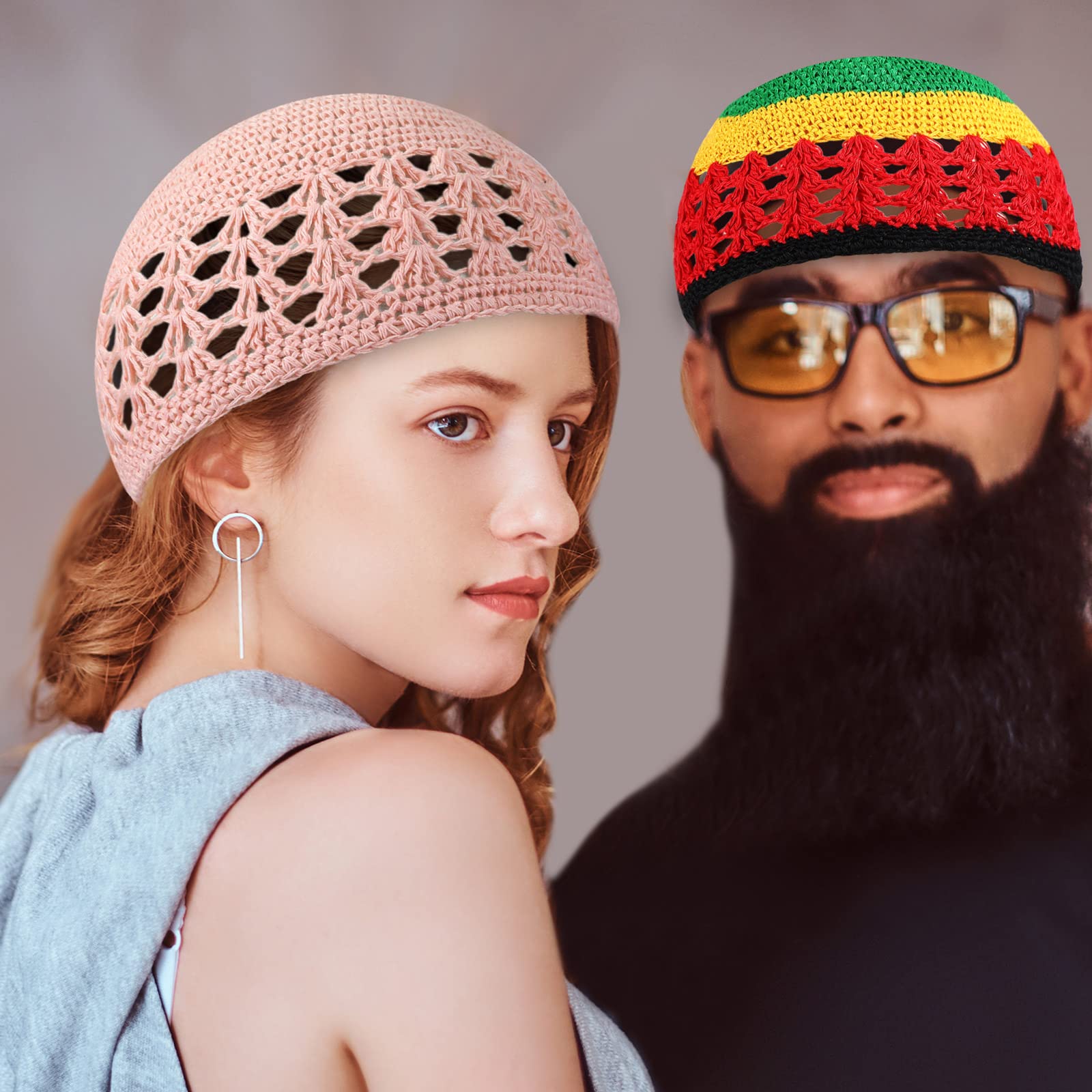 12 Pieces Summer Kufi Hats for Men Women Knit Skull Caps for Men Women Hand Made Crochet Hat Stretchy Crochet Beanie for Teens, Multicolor