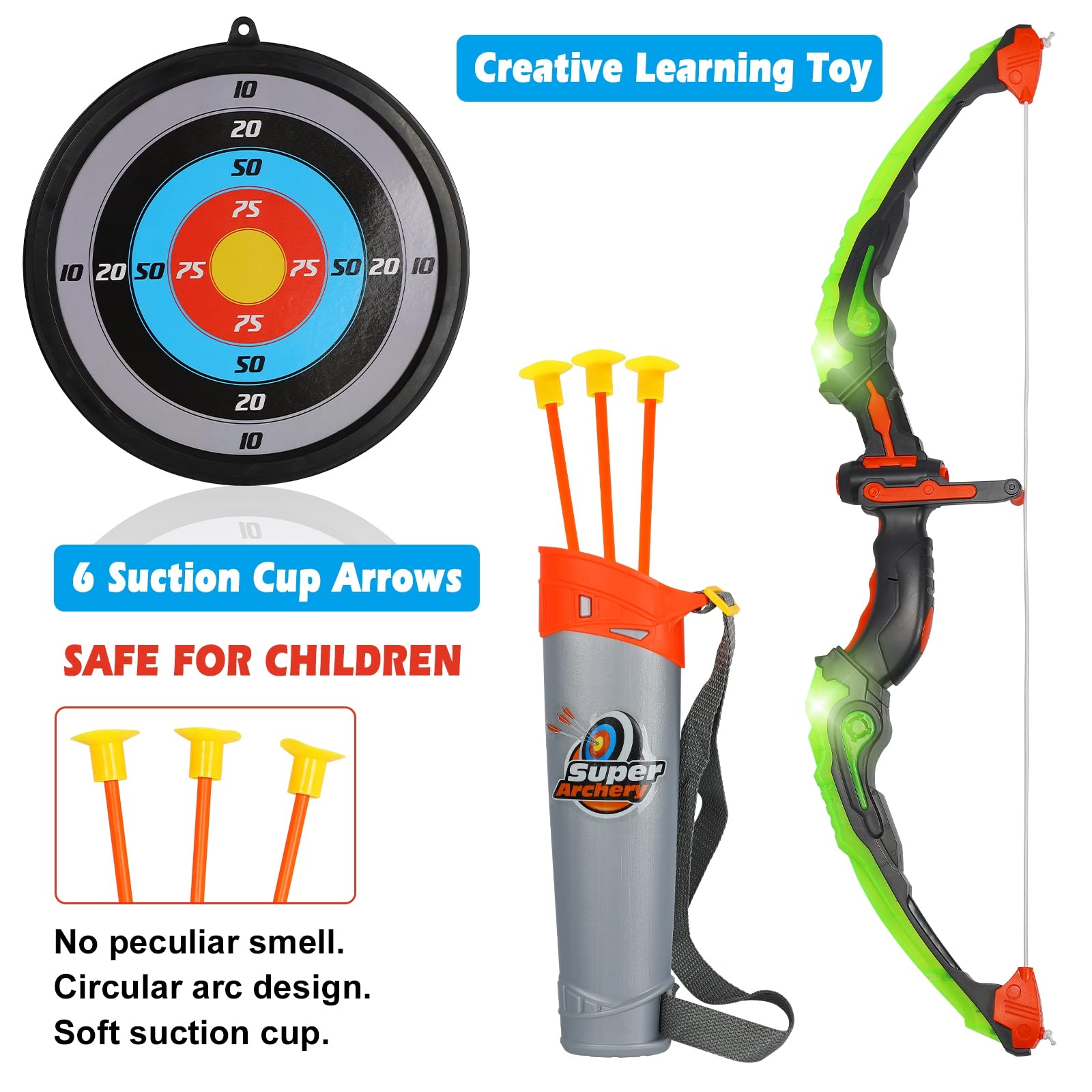 MorTime 2 Pack Bow and Arrow Set with LED Flash Lights, Practice Outdoor Toys for Kids ，Green Light Up Archery Toy Set -includes 6 Suction Cup Arrows