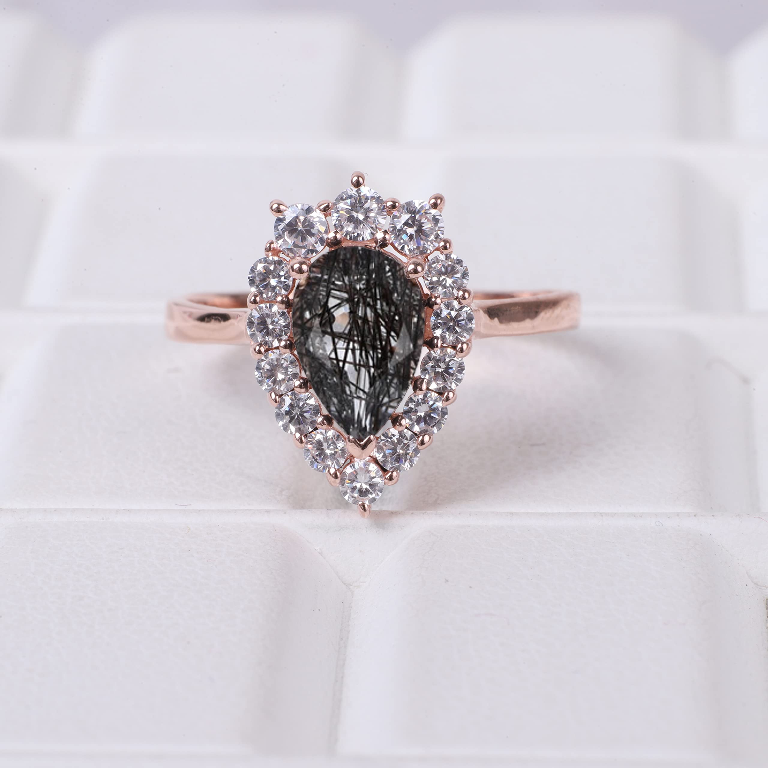 Teardrop Black Rutilated Quartz Engagement Ring CZ Dimond Halo Wedding Ring Rose Gold Plated Bridesmaid Jewelry Gift For Wife BY KANISHKA GEMS JEWELS