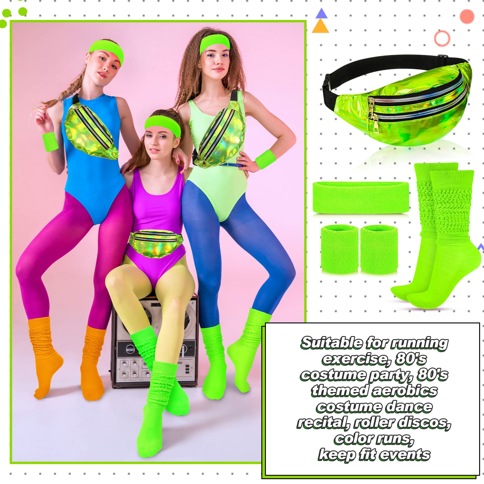 Tarpop 80s Neon Women Slouch Socks 90s Headbands Wristbands Fanny Pack Leg Warmers Sweatbands Waist Bag Women Party Costume(Green)