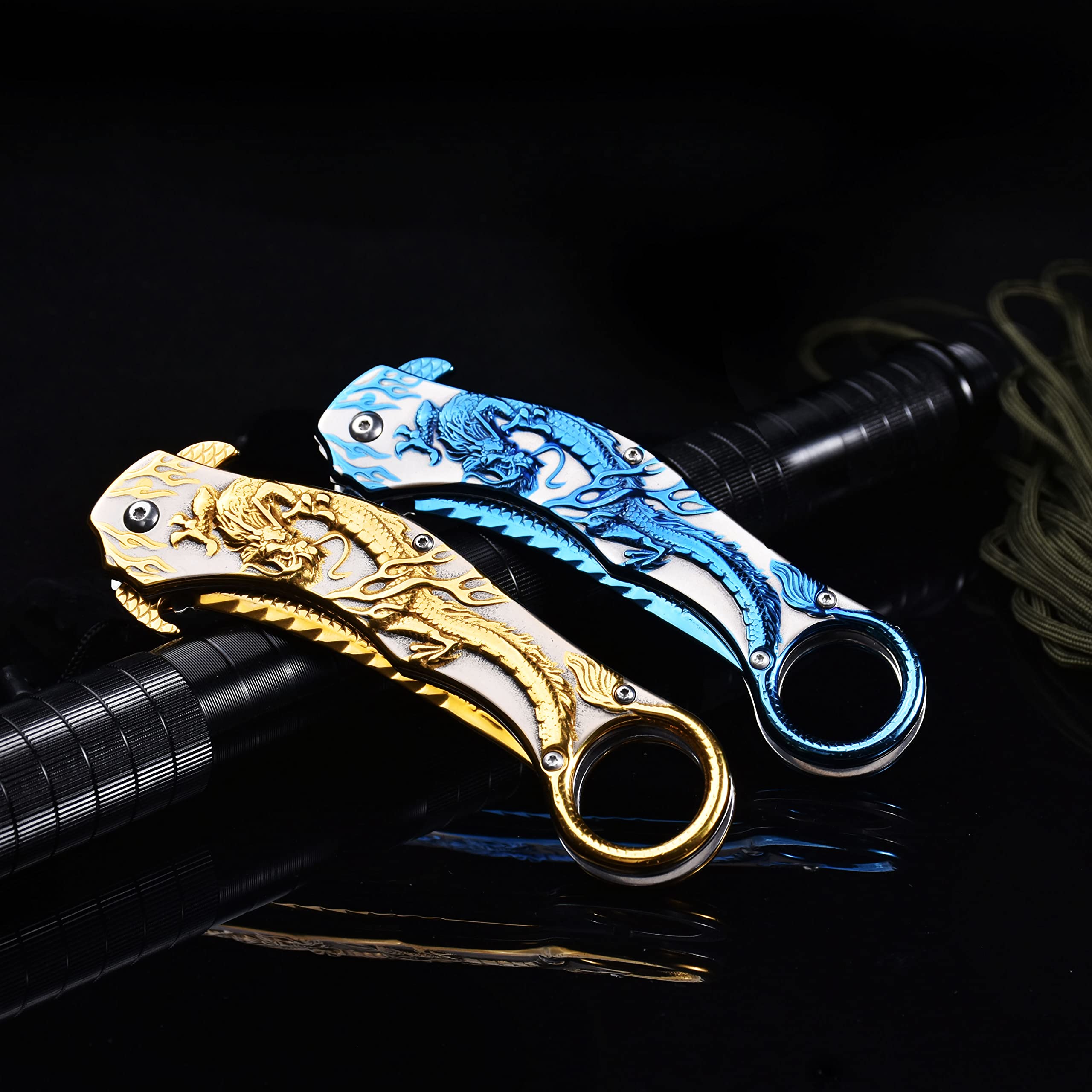 Pocket Knife for Men, Cool Folding Knife With 3D Golden & Blue Dragon Relief, Great Gift Edc Knife For Men Outdoor Survival Camping Hiking Hunting