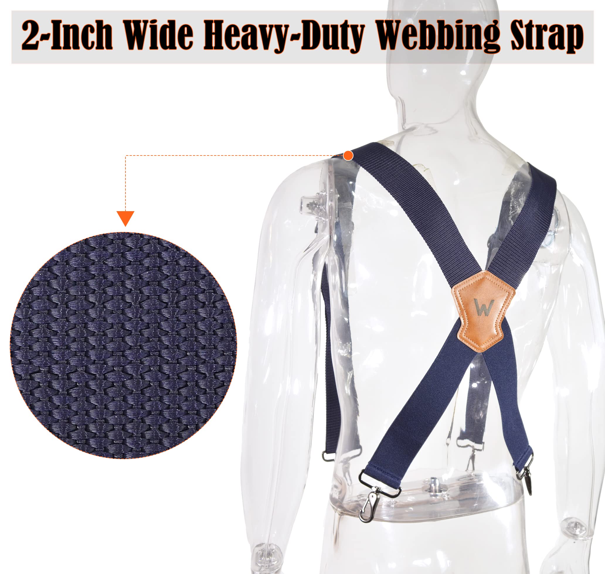 WELKINLAND Navy suspenders for men, Work suspenders, 2 inch wide suspenders, Heavy Duty suspenders, Swivel suspenders, Mens suspenders for jeans, Big and tall suspenders for men