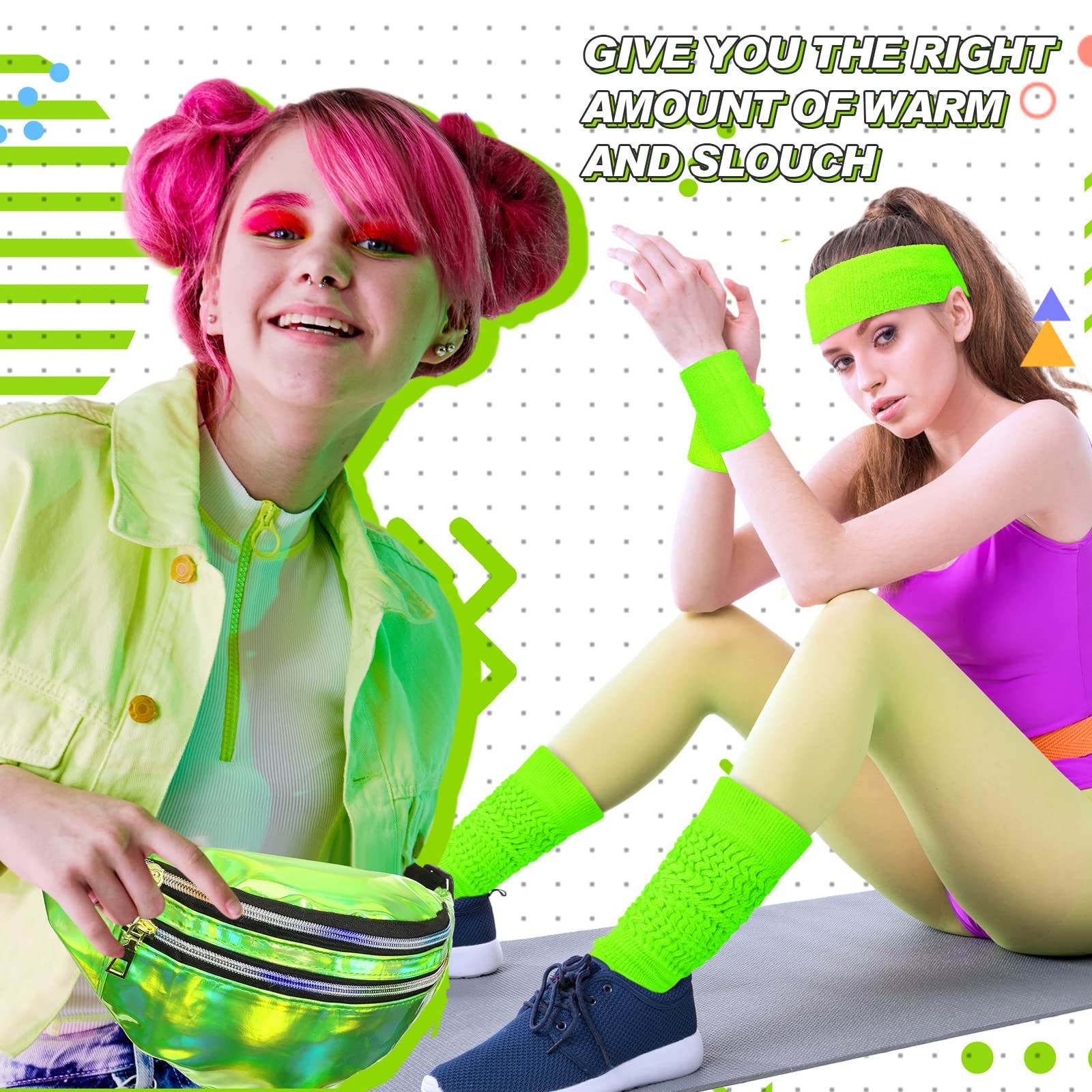 Tarpop 80s Neon Women Slouch Socks 90s Headbands Wristbands Fanny Pack Leg Warmers Sweatbands Waist Bag Women Party Costume(Green)