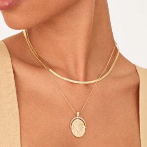 PAVOI 14K Gold Plated Engraved Oval Coin Pendant Necklace for Women | Bohemian Necklace (Yellow Gold)