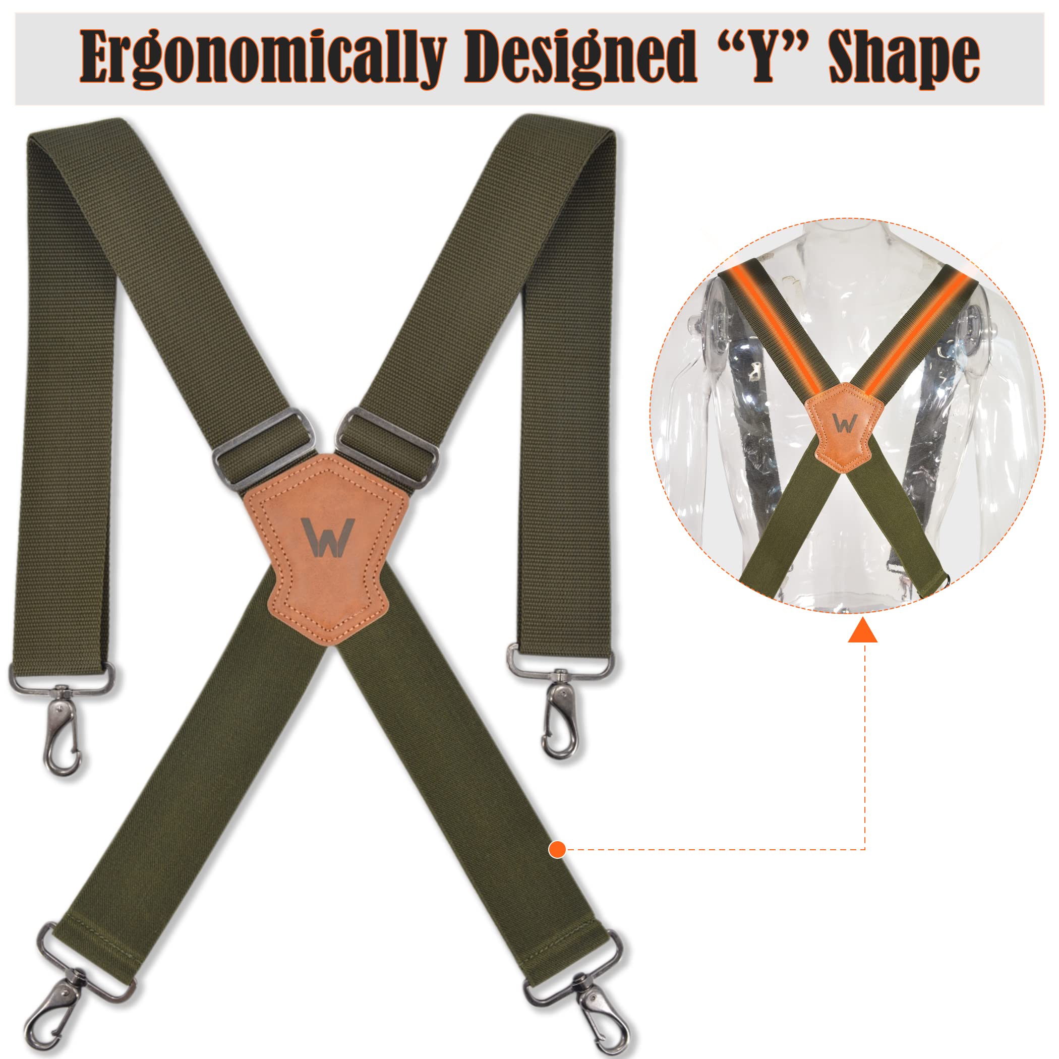 WELKINLAND Green suspenders for men, 2 inch wide suspenders, Work suspenders, Suspenders military, Camo suspenders for men, Suspenders with belt loops, Heavy duty work suspenders