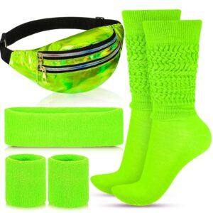 tarpop 80s neon women slouch socks 90s headbands wristbands fanny pack leg warmers sweatbands waist bag women party costume(green)