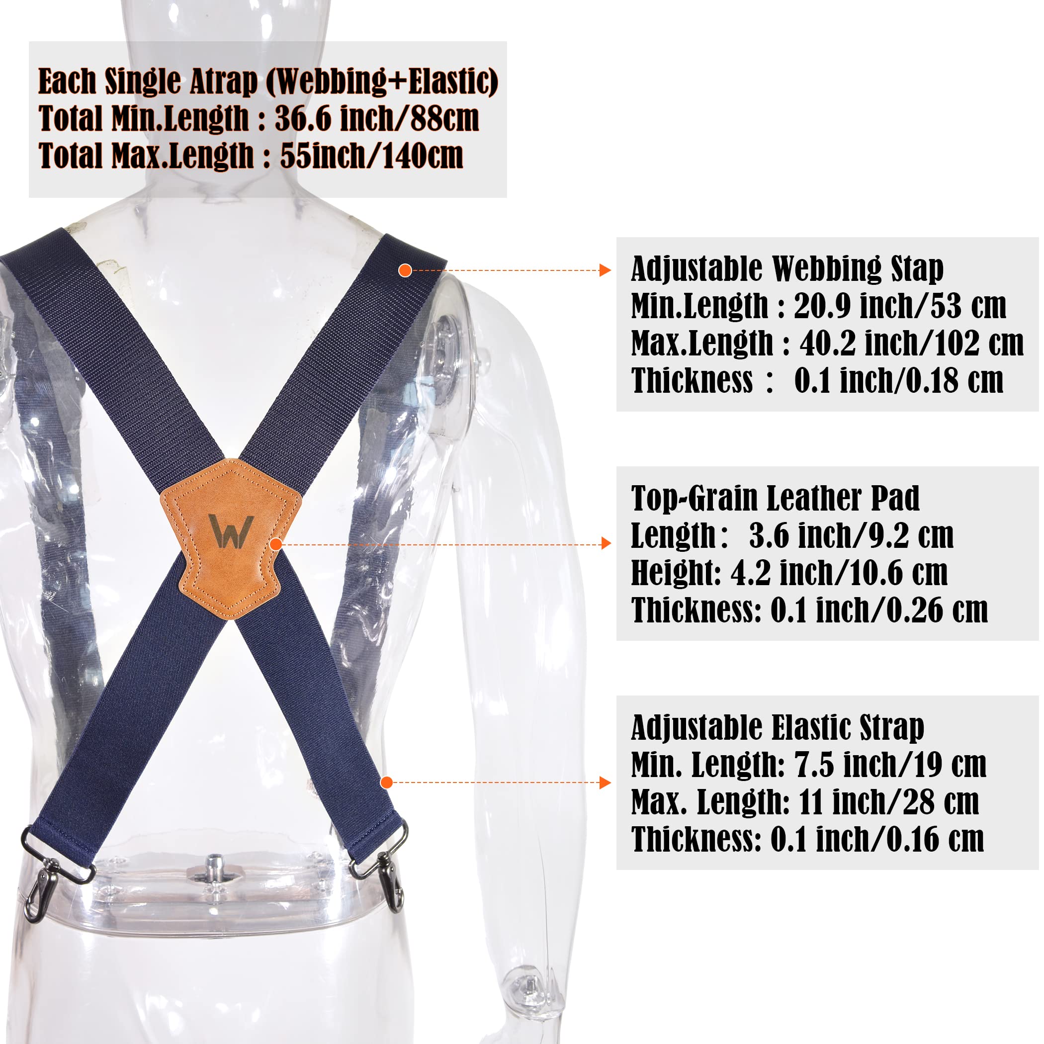 WELKINLAND Navy suspenders for men, Work suspenders, 2 inch wide suspenders, Heavy Duty suspenders, Swivel suspenders, Mens suspenders for jeans, Big and tall suspenders for men