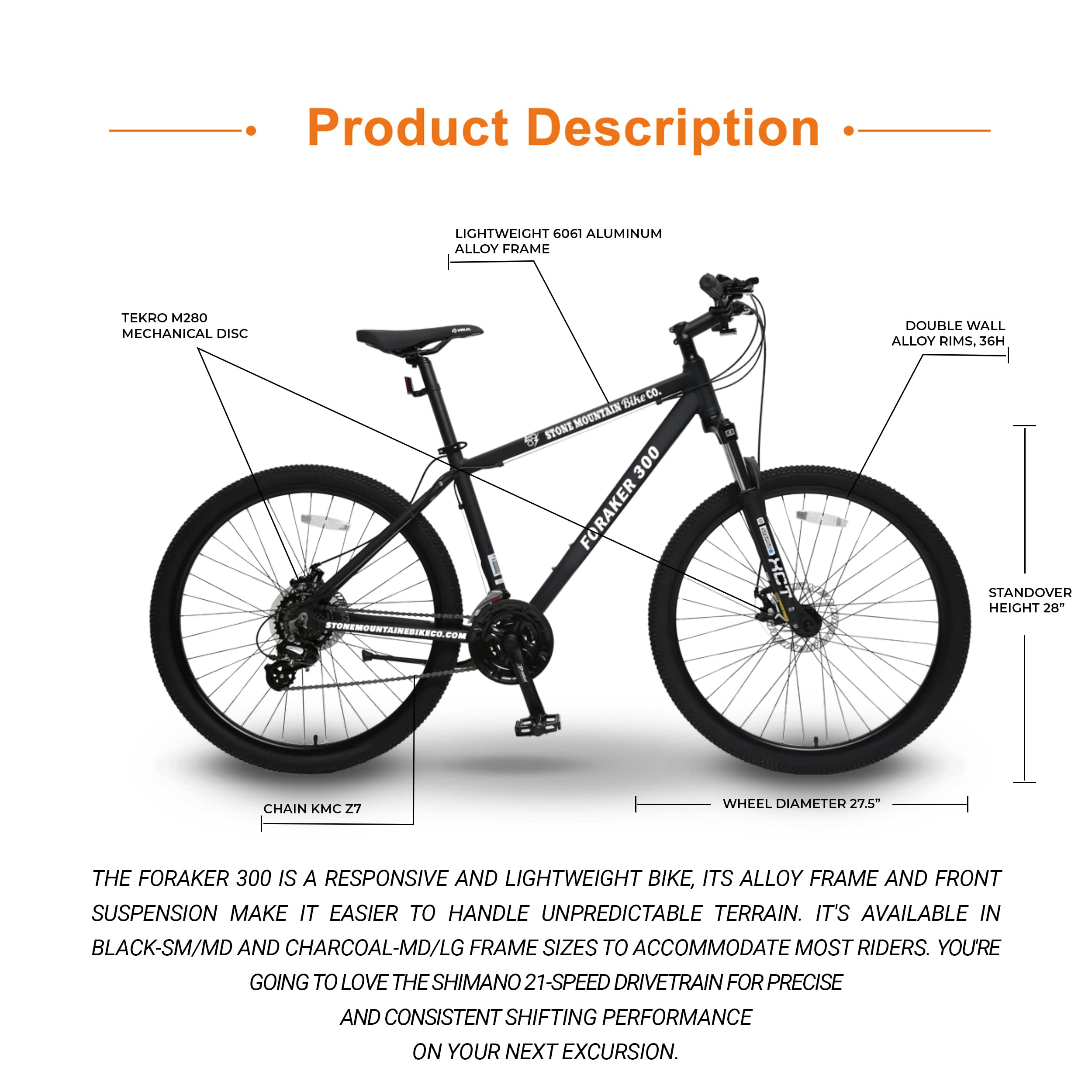 5Seconds Hybrid Bicycle Foraker 300 | Mountain Bike for Men, Women | 21-Speed, Lightweight Aluminum Frame, Adult Bike with Trigger Shifters and Mechanical Disc Brakes, Front Suspension MTB (Black)