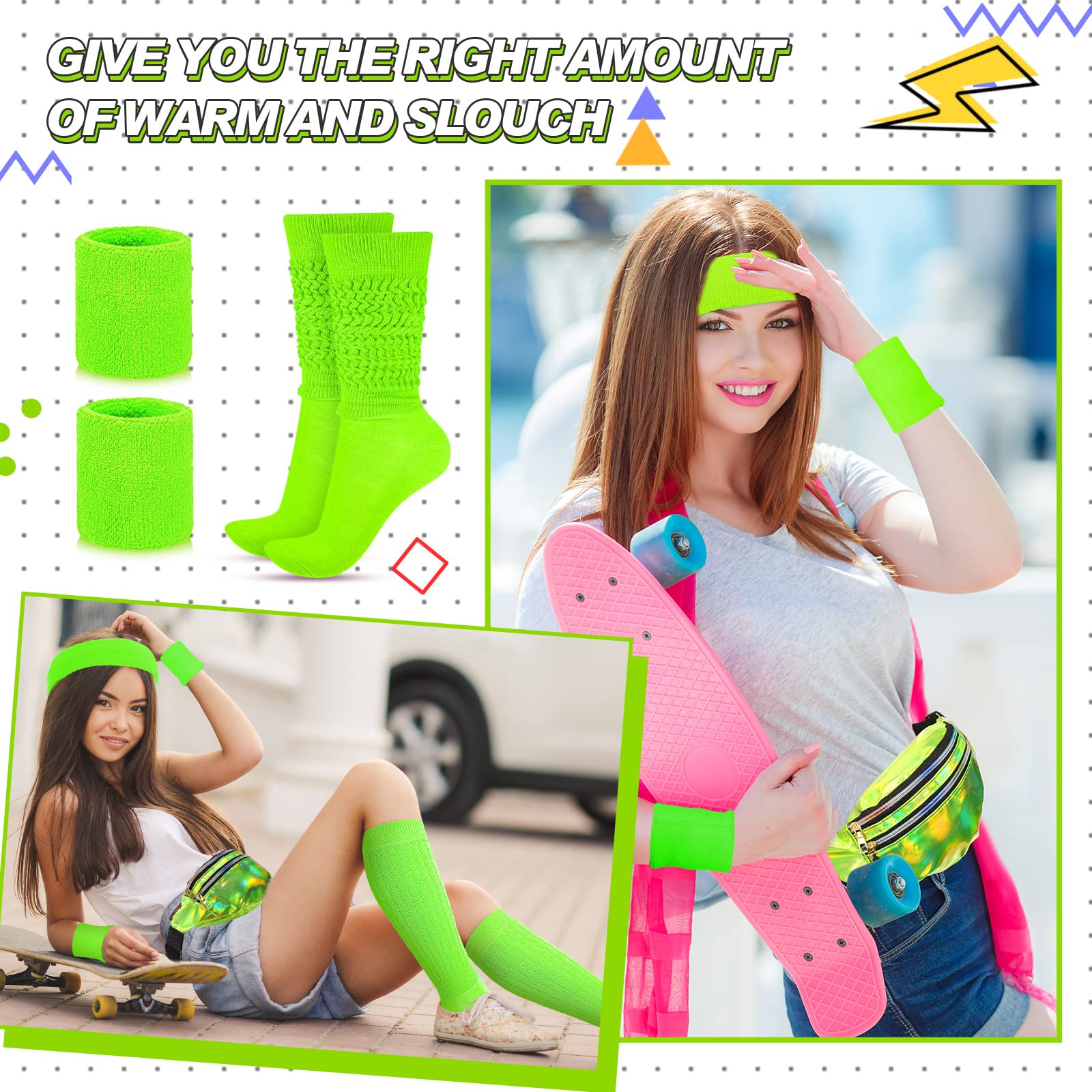 Tarpop 80s Neon Women Slouch Socks 90s Headbands Wristbands Fanny Pack Leg Warmers Sweatbands Waist Bag Women Party Costume(Green)