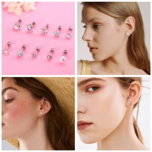 JOERICA 10 Pairs Screw Back Earrings for Women Surgical Steel Hypoallergenic Earrings Stud CZ Heart Flower Pearl Butterfly Turtle Screw on Earrings Pink CZ