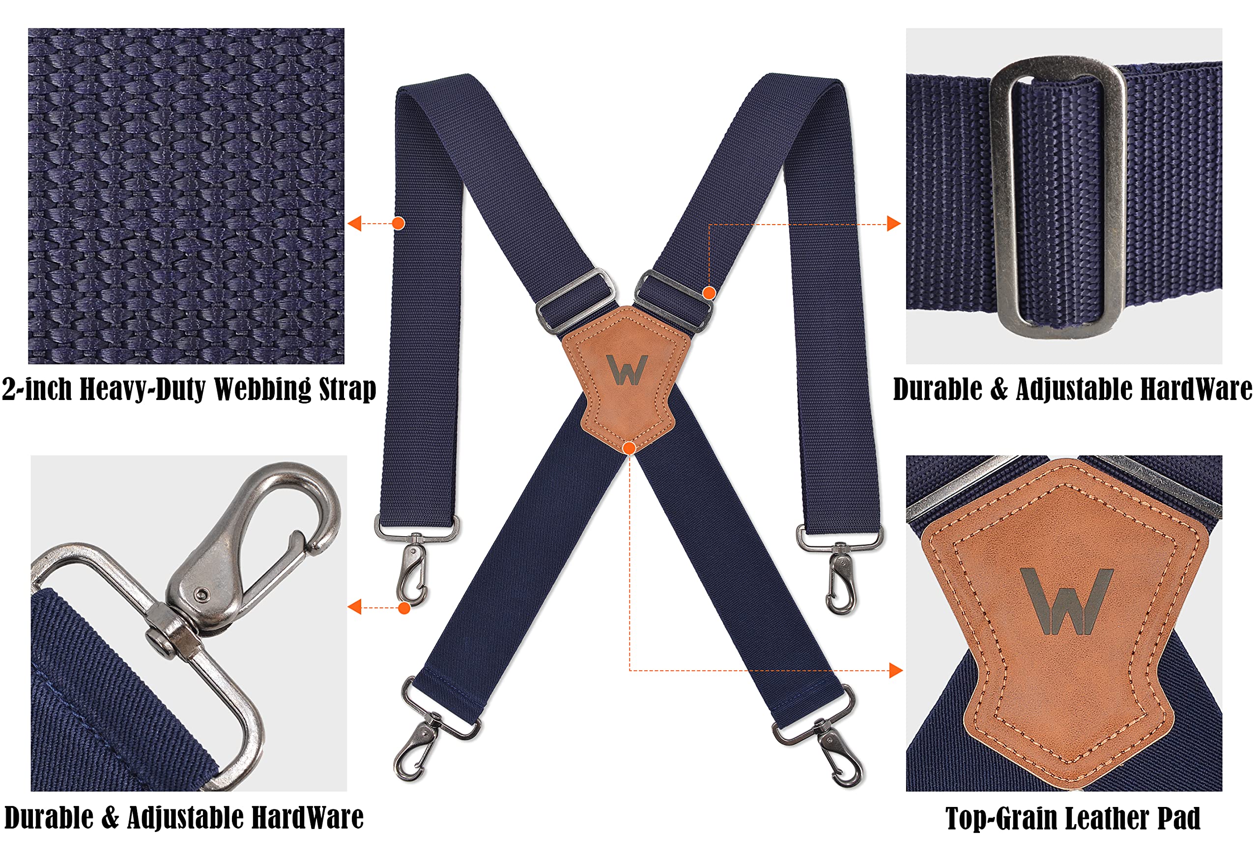 WELKINLAND Navy suspenders for men, Work suspenders, 2 inch wide suspenders, Heavy Duty suspenders, Swivel suspenders, Mens suspenders for jeans, Big and tall suspenders for men