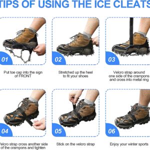 Piscorush 24 Spikes Crampons Ice Cleats Traction Snow Grips Boot Chains Women Men Kids for Hiking Shoes and Boots Steel Anti Slip Hiking Fishing Walking Mountaineering (Black, Large)