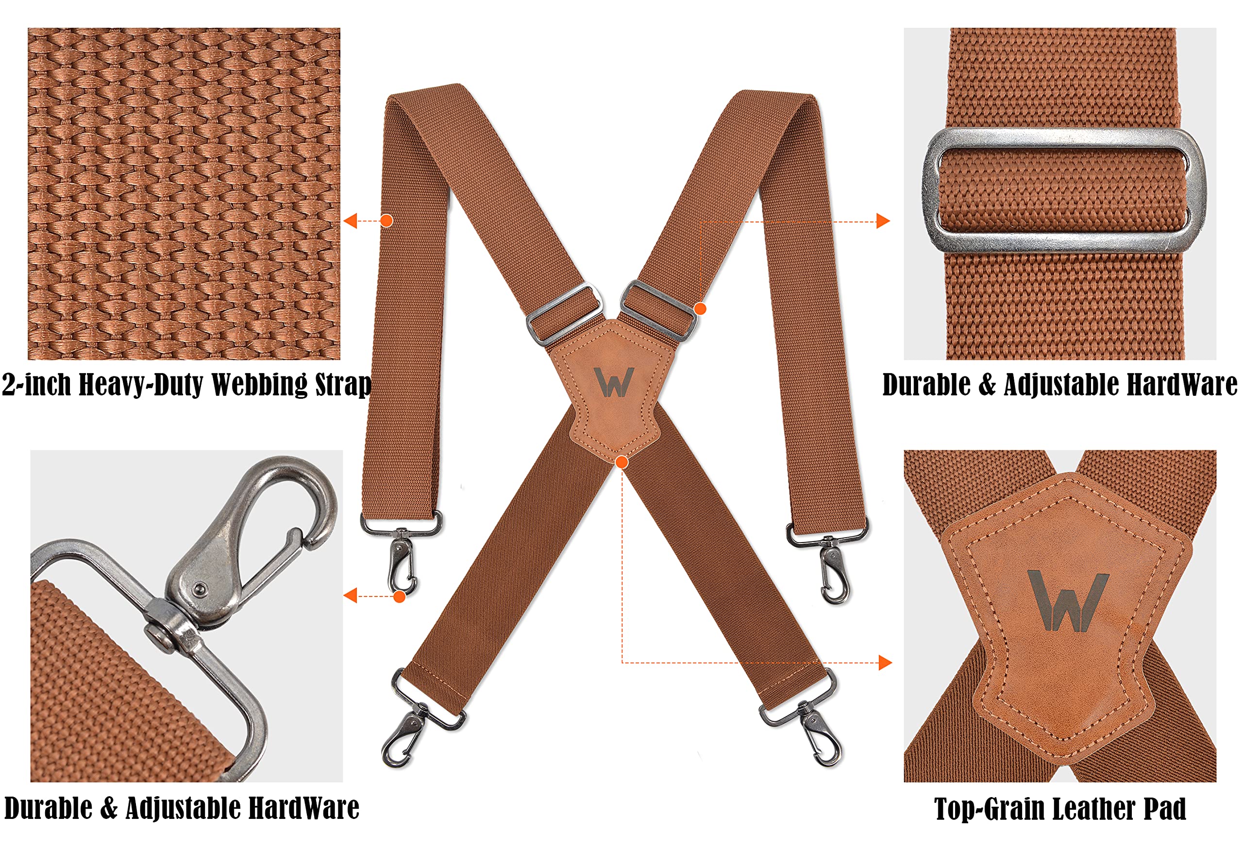 WELKINLAND Brown 2 inch wide suspenders, Heavy duty work suspenders, Swivel suspenders, Thick suspenders, Work suspenders for men, Suspenders swivel hook, Suspenders with belt loops