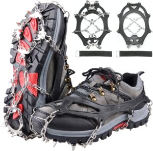 piscorush 24 spikes crampons ice cleats traction snow grips boot chains women men kids for hiking shoes and boots steel anti slip hiking fishing walking mountaineering (black, large)