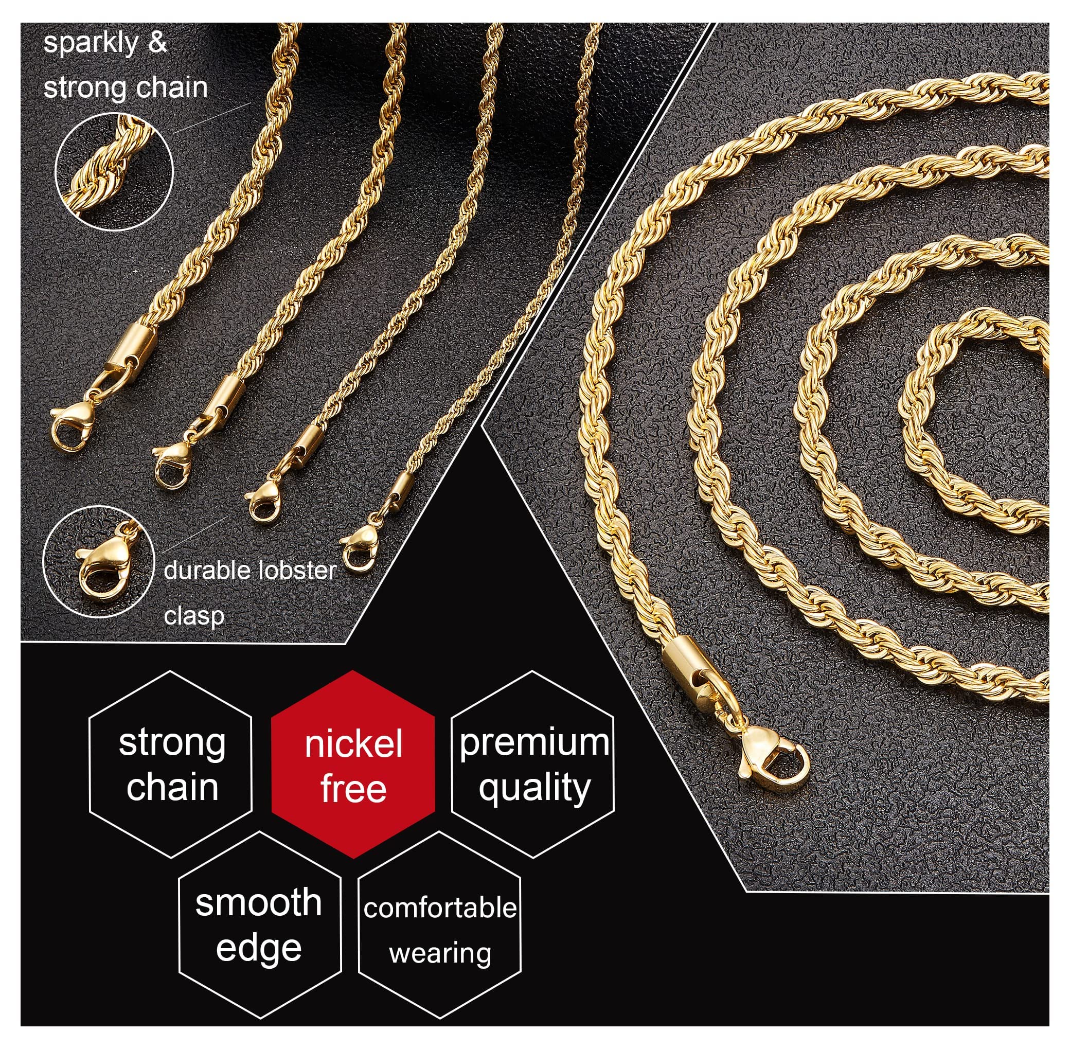 Monily Gold Plated Chain Necklace for Women 1.5MM 28 Inches Stainless Steel Twist Rope Chain for Women