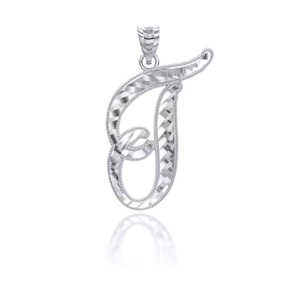 Exquisite 14K White Gold Fine Dangling Script Initial Letter T Charm Pendant