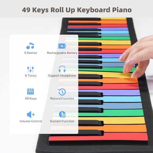 POGOLAB 49 Key Roll Up Keyboard Piano, Portable Digital Electric Foldable Piano Keyboard, Rechargeable, 8 Tones, 6 Educational Demo Songs, for Beginners Gift (Rainbow)