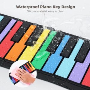 POGOLAB 49 Key Roll Up Keyboard Piano, Portable Digital Electric Foldable Piano Keyboard, Rechargeable, 8 Tones, 6 Educational Demo Songs, for Beginners Gift (Rainbow)