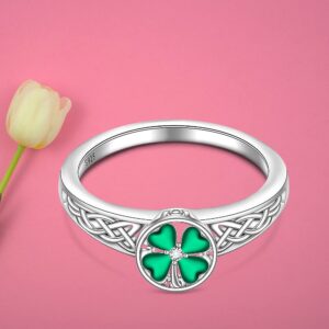 St Patricks Day Shamrock Ring Four Leaf Clover Ring for Women Sterling Silver Celtic Knot Irish Green 4 Leaf Clover Jewelry Prom Valentines Gifts Size 7