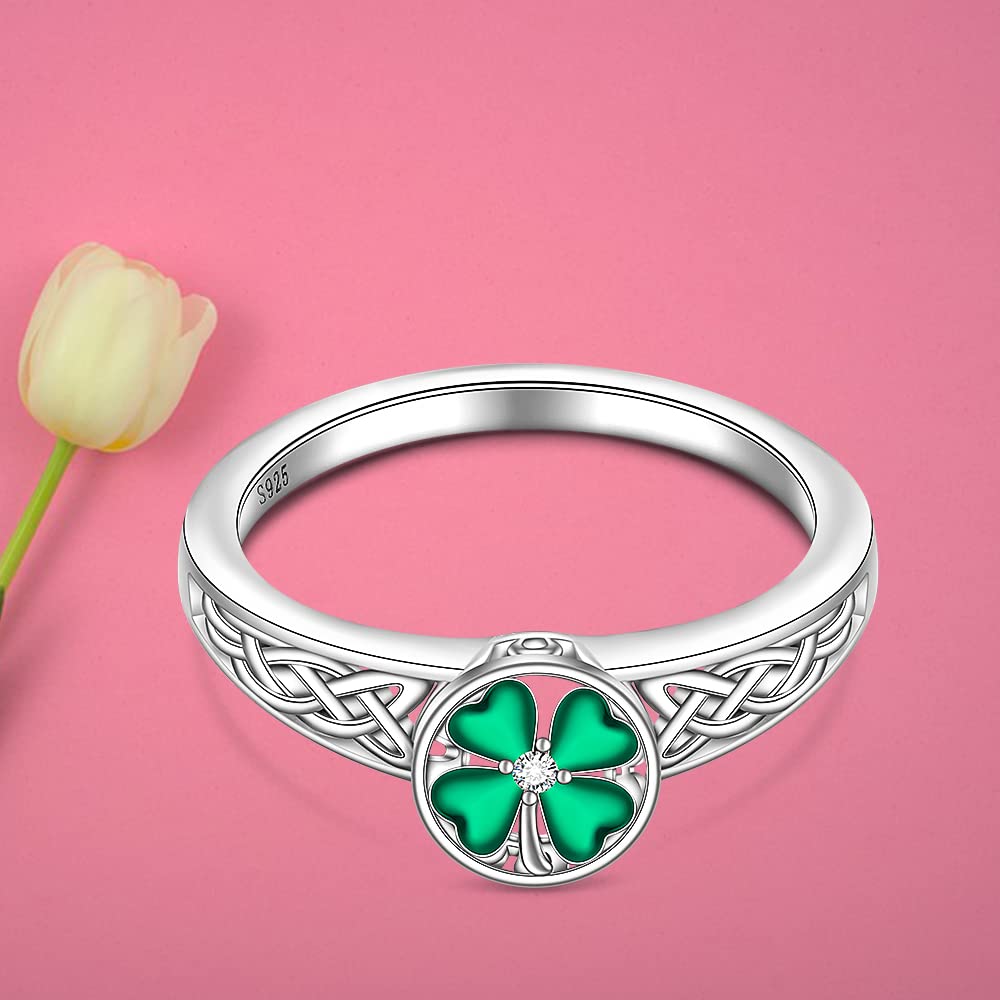 St Patricks Day Shamrock Ring Four Leaf Clover Ring for Women Sterling Silver Celtic Knot Irish Green 4 Leaf Clover Jewelry Prom Valentines Gifts Size 7