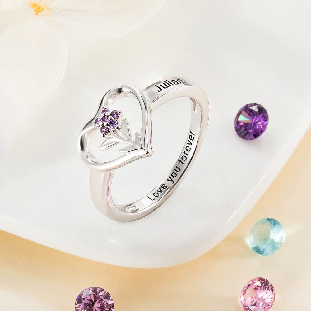 Custom Heart Mother Rings 925 Sterling Silver Personalized 1-8 Names and Birthstones Rings For Women Engraved Garden Flower Ring Family Love Jewelry Birthday Gifts For Mom Grandmother Mama Wife