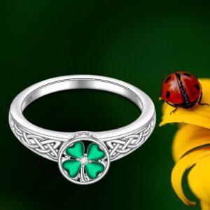 St Patricks Day Shamrock Ring Four Leaf Clover Ring for Women Sterling Silver Celtic Knot Irish Green 4 Leaf Clover Jewelry Prom Valentines Gifts Size 7