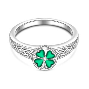 St Patricks Day Shamrock Ring Four Leaf Clover Ring for Women Sterling Silver Celtic Knot Irish Green 4 Leaf Clover Jewelry Prom Valentines Gifts Size 7