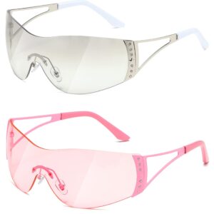 TIANYESY Y2K Sunglasses For Women Men Fashion Shield Rimless Wrap Around Sunglass Gradient Lens Trendy Oversize Sun Glasses (Silver+Pink)