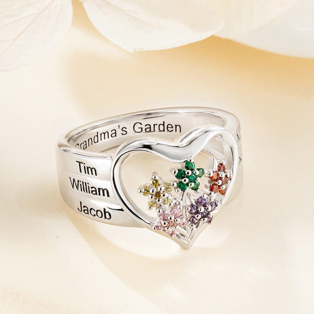 Custom Heart Mother Rings 925 Sterling Silver Personalized 1-8 Names and Birthstones Rings For Women Engraved Garden Flower Ring Family Love Jewelry Birthday Gifts For Mom Grandmother Mama Wife