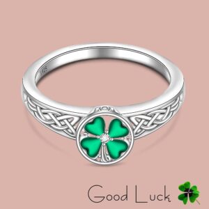 St Patricks Day Shamrock Ring Four Leaf Clover Ring for Women Sterling Silver Celtic Knot Irish Green 4 Leaf Clover Jewelry Prom Valentines Gifts Size 7