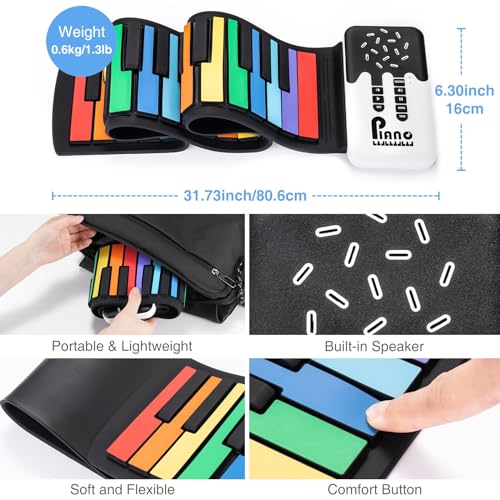 POGOLAB 49 Key Roll Up Keyboard Piano, Portable Digital Electric Foldable Piano Keyboard, Rechargeable, 8 Tones, 6 Educational Demo Songs, for Beginners Gift (Rainbow)