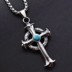 Vintage Turquoise Silver Celtic Cross Pendant Necklace Stainless Steel Chain 24"