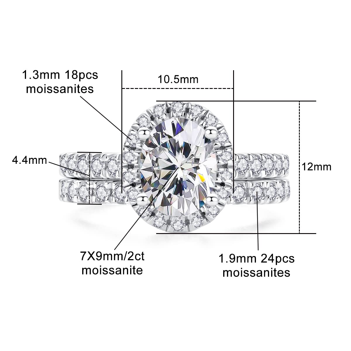 AnuClub 3ct Moissanite Engagement Rings Wedding Band D Color VVS1 Oval Cut 925 Sterling Silver Bridal Ring Sets, Christmas Gift for Women 7