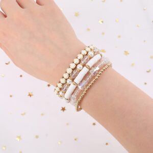 MAKERSLAND White Bracelets Cute Clay Beaded Crystal White Cute Bracelet Set for Women, 5Pcs Strand Stretch Preppy Heishi Bracelet Beach Bohemian Layering Bracelet Jewelry for Teens